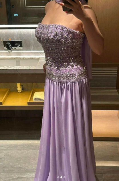 Elegant A Line Strapless Lilac Chiffon Long Prom Dresses Party Dress Summer 20th Birthday Outfits 18th Birthday Dresses DH903