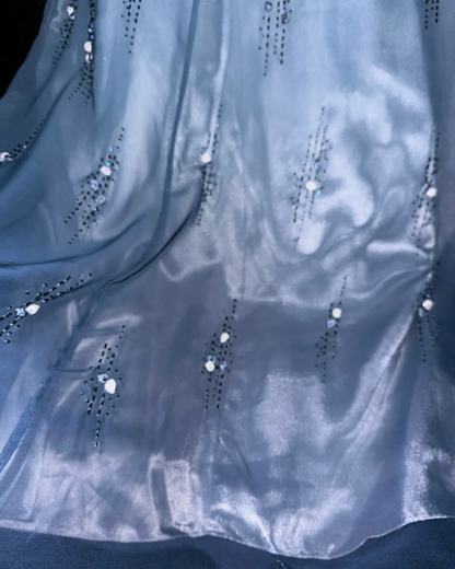 Glamorous Spaghetti Straps Blue Satin Tulle Beaded Mermaid Evening Dress Long Party Gowns