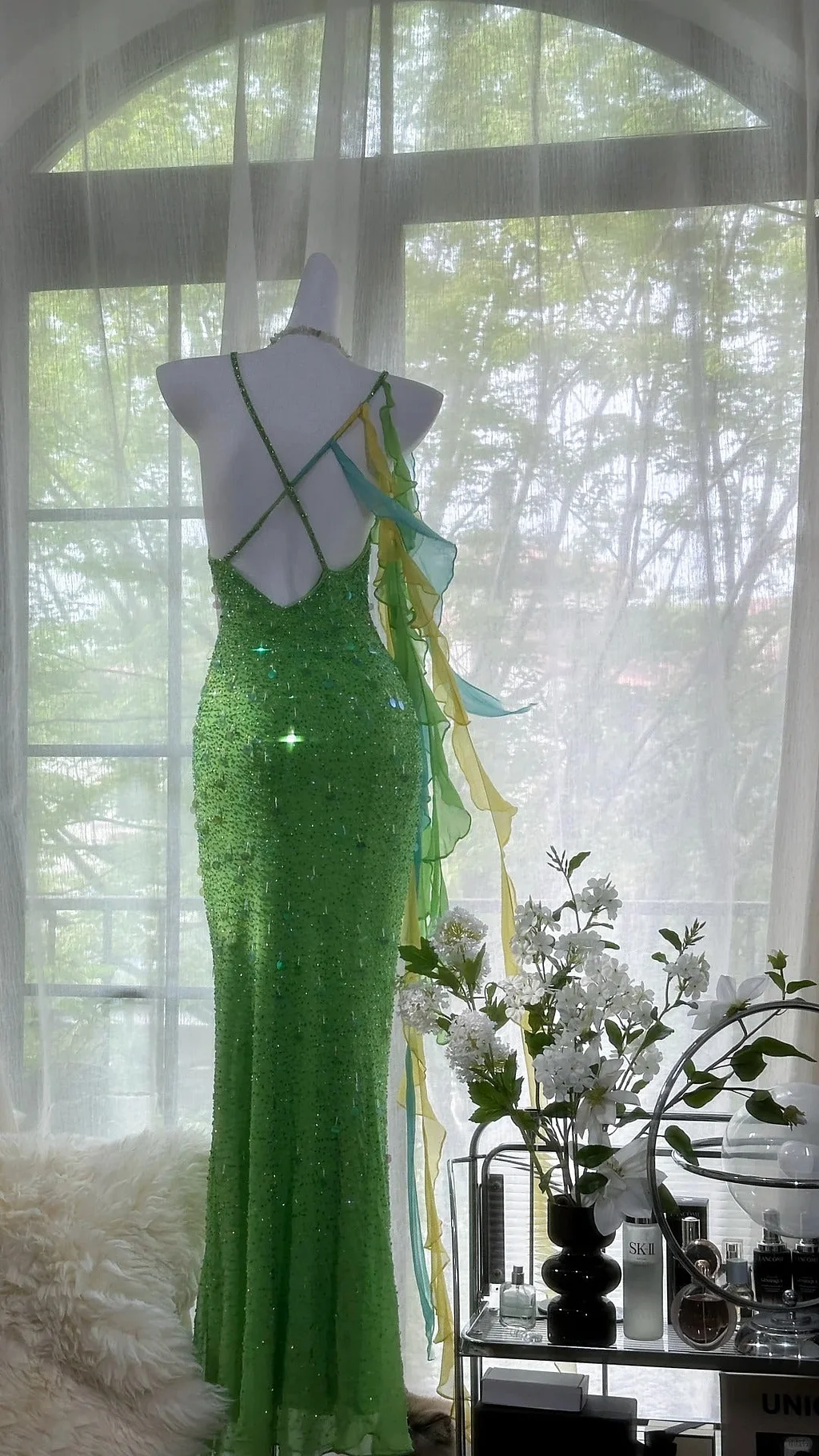 Beautiful Exquisite Sequin Beaded Green Long Chiffon Evening Gown Birthday Party Gown Y9797