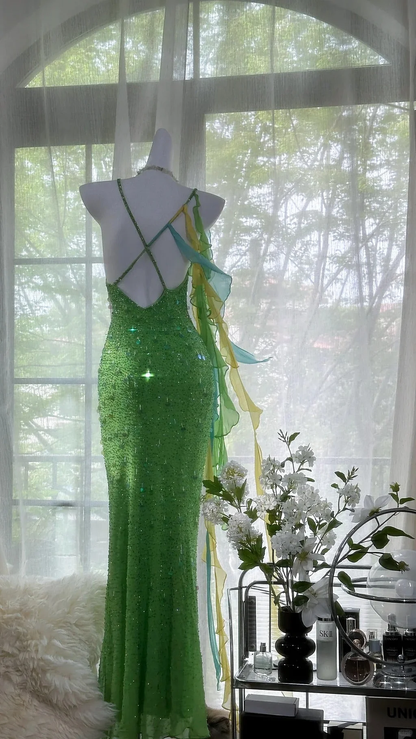 Beautiful Exquisite Sequin Beaded Green Long Chiffon Evening Gown Birthday Party Gown Y9797