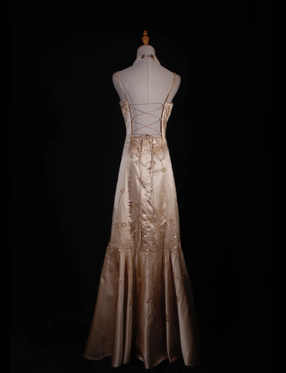 Vintage Spaghetti Straps Yellow Satin Beaded Mermaid Party Evening Dress Long Prom Gown