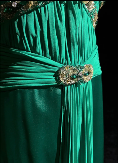 Elegant V Neck Green Satin Beaded Mermaid Long Wedding Guest Dress Formal Birthday Party Dress D1992