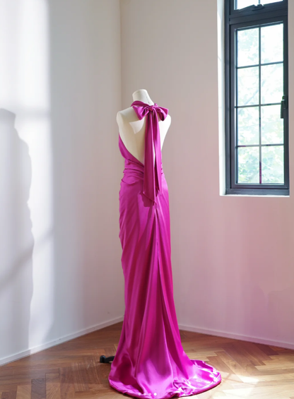 Elegant Halter Hot Pink Satin Pleated Mermaid Long Wedding Guest Dress Party Dress D2165