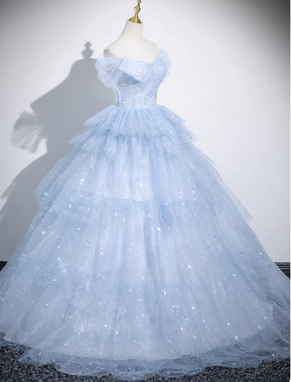Cute Off-shoulder Ball Gown Tulle Sequined Long Prom Dress Sweet Ice Blue Quinceanera Dress DP2964