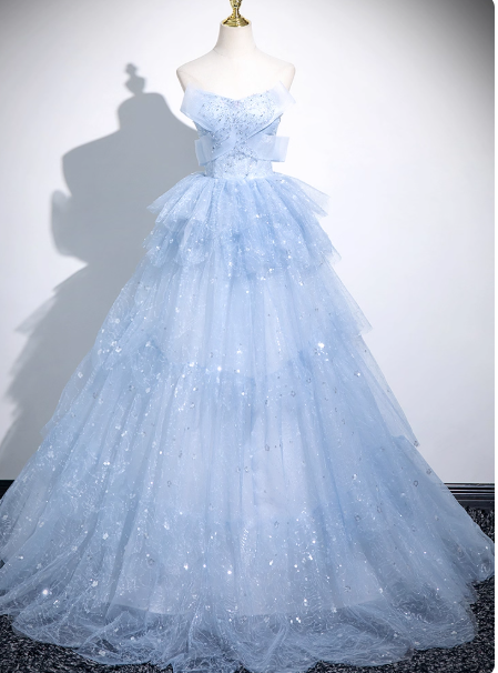 Cute Off-shoulder Ball Gown Tulle Sequined Long Prom Dress Sweet Ice Blue Quinceanera Dress DP2964