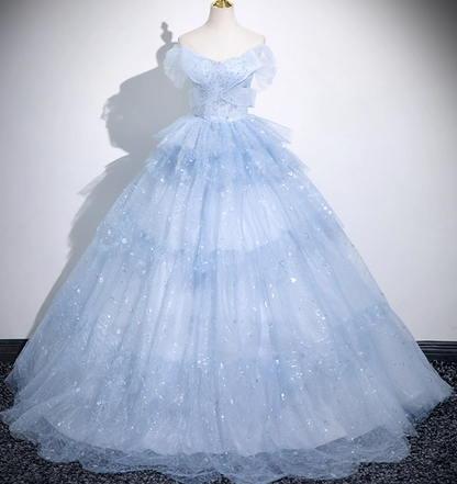 Cute Off-shoulder Ball Gown Tulle Sequined Long Prom Dress Sweet Ice Blue Quinceanera Dress DP2964