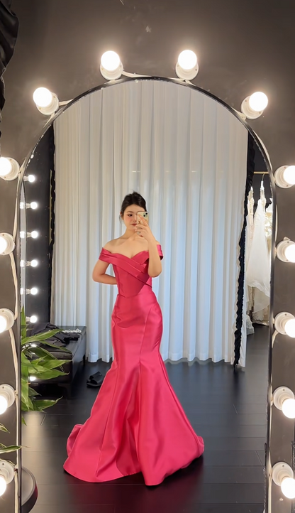 Glam Mermaid Hot Pink Long Prom Dresses Off-shoulder Satin Hot Pink Evening Dresses DP04019