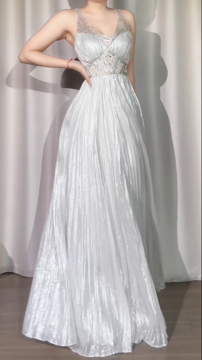 Glam V-neck Sheath Long Prom Dresses, Tulle Light Gray Evening Dresses DP04073