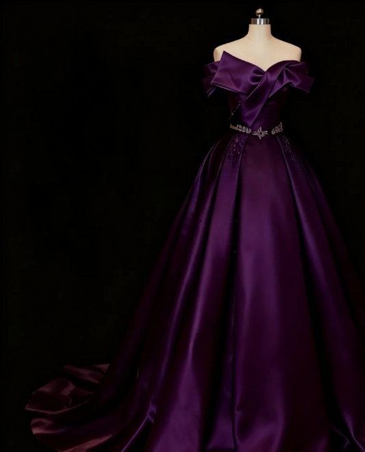 Elegant Strapless A-Line Long Prom Dresses Satin Purple Evening Dresses Sleeveless Birthday Dresses DP04080