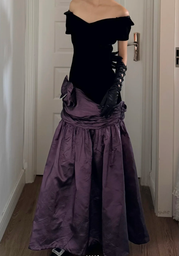 Elegant Off-shoulder Sheath Long Prom Dresses Satin Purple Evening Dresses Cup Sleeves Birthday Dresses DP04081