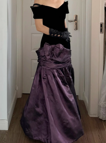 Elegant Off-shoulder Sheath Long Prom Dresses Satin Purple Evening Dresses Cup Sleeves Birthday Dresses DP04081
