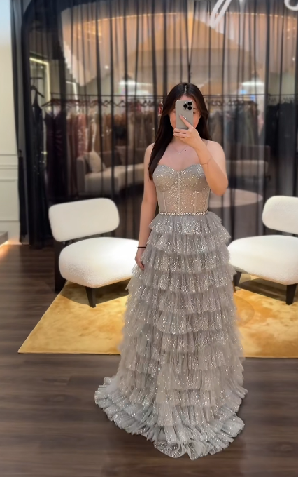 Glitter Sweetheart A-Line Long Prom Dresses Tulle Silver Evening Dresses Sleeveless Birthday Dresses DP04083
