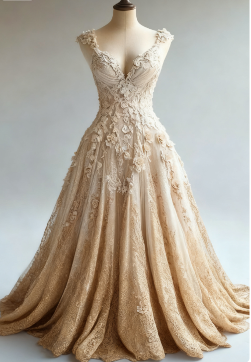 Cute A-Line Champagne Quinceañera Dress V-Neck Tulle Applique Long Prom Dress Sweet 16 Dress DP04091