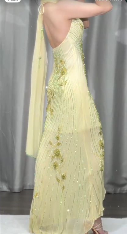 Elegant V-Neck Sheath Long Evening Dresses Beaded Chiffon Yellow Prom Dresses Sleeveless Party Dresses DP04112