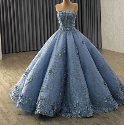 Cute Strapless Ball Gown Tulle Long Prom Dresss Beaded Blue Quinceanera Dresses Sleeveless Sweet 16 Dresses DP04114