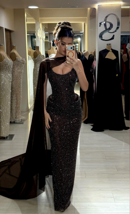 Glitter Sheath Brown Long Prom Dresses Chiffon Beaded Sleeveless Evening Gowns   DP04171