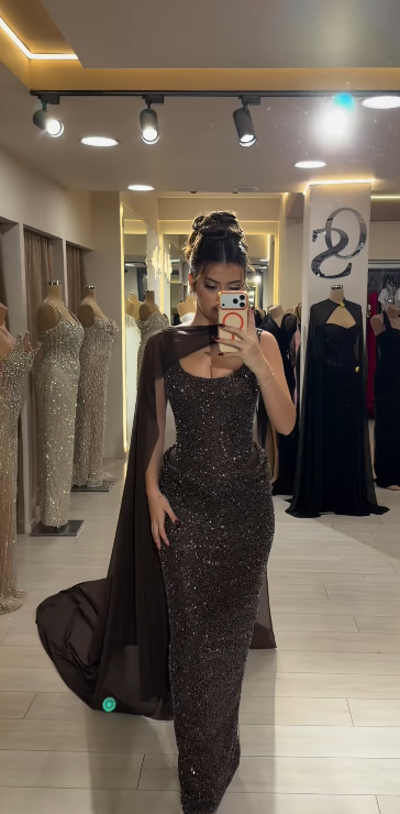 Glitter Sheath Brown Long Prom Dresses Chiffon Beaded Sleeveless Evening Gowns   DP04171
