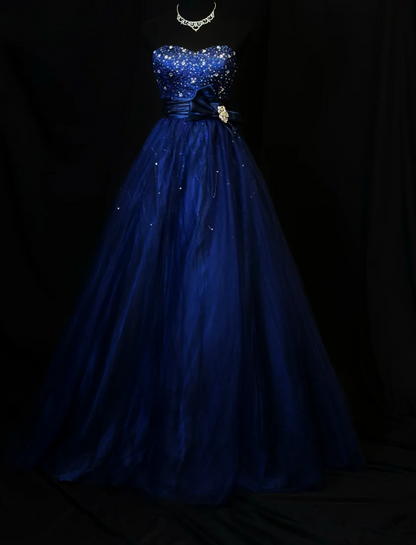 Chic A-Line Navy Blue Long Prom Dresses Sweetheart Birthday Dresses  Tulle Sleeveless Evening Dresses DP04200