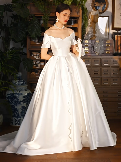 Glam Off-shoulder A-Line Long Wedding Dresses Satin White Bridal Gowns Short Sleeveless Bridal Dresses DP04212