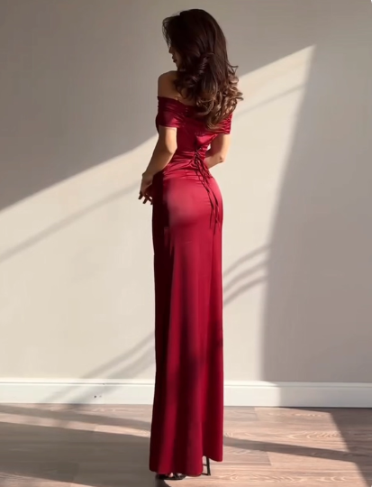 Glam Off-shoulder Sheath Long Prom Dresses  Satin Burgundy Evening Dresses Burgundy Christmas Dresses DP04221