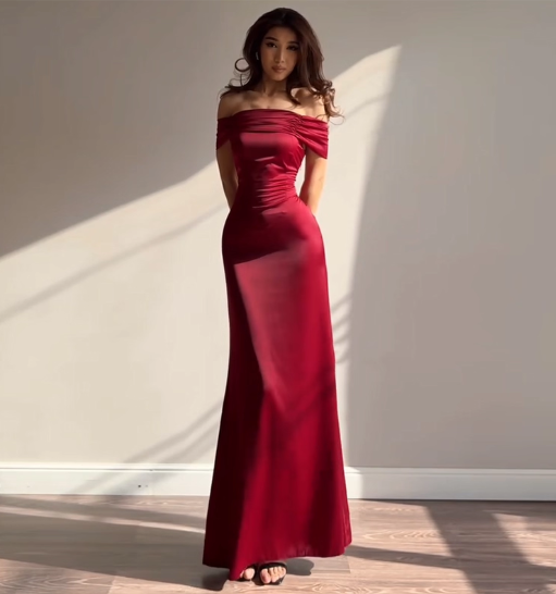 Glam Off-shoulder Sheath Long Prom Dresses  Satin Burgundy Evening Dresses Burgundy Christmas Dresses DP04221