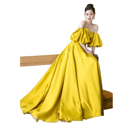 Cute One-shoulder A-Line  Long Prom Dresses Satin Yellow Evening Dresses Yellow Birthday Dresses DP04225
