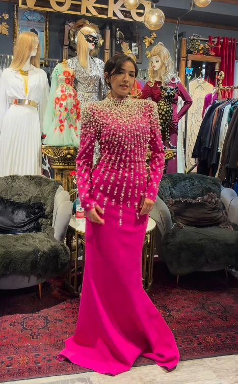 Elegant  Sheath Fuchsia Long Prom Dresses Beaded Chiffon Evening Dresses Sleeves Fuchsia Guest Dresses DP04229