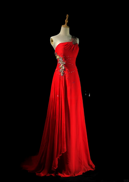 Elegant One-shoulder A-Line  Long Prom Dresses Chiffon Beaded Red Evening Dresses Sleeveless Mother of Bride Dresses  DP04282