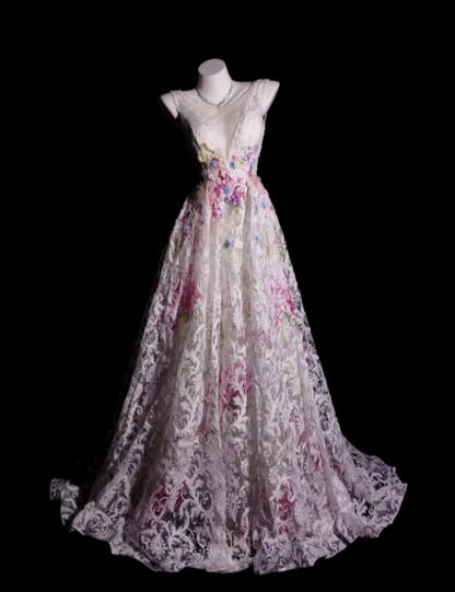 Chic V-Neck A-Line Long Prom Dresses Lace White Evening Dresses Sleeveless Birthday Dresses DP04288