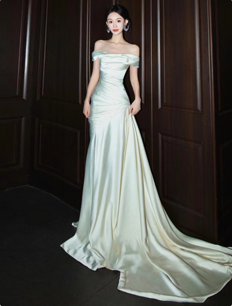 Glam Off-shoulder Sheath Long Wedding Dresses Satin White Bridal Gowns Sleeveless Bridal Dresses DP04302
