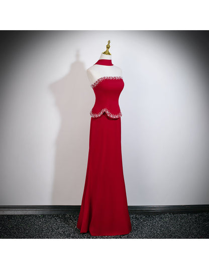 Burgundy Sheath Long Prom Dresses Chic Satin Sleeveless Evening Dresses Strapless Birthday Dresses DP04323