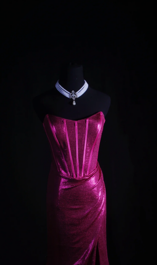 Fuchsia Sheath Long Prom Dresses Sexy Satin Sleeveless Evening Dresses  Strapless Party Dresses DP04328