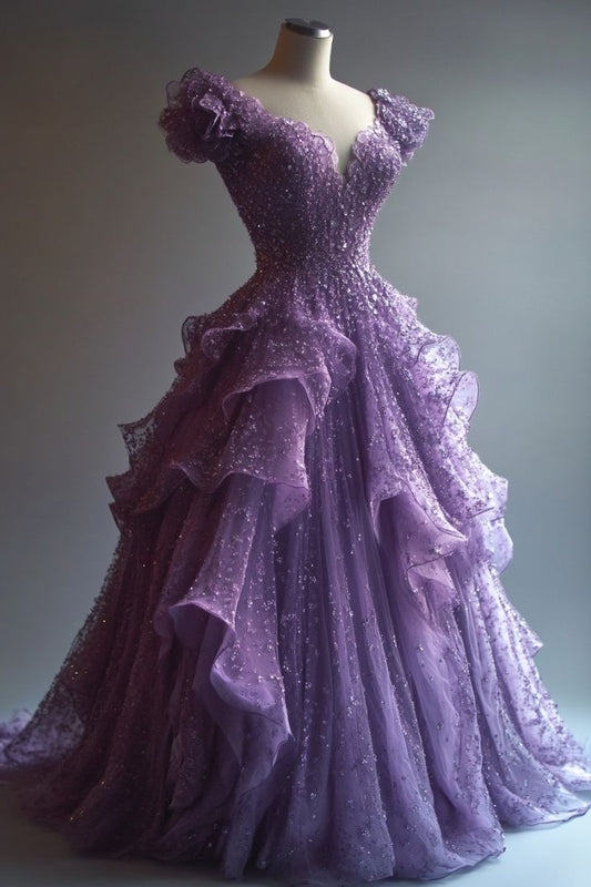 Glitter Ball Gown Long Prom Dresses  Tulle Purple Quinceanera Dresses Sleeveless Sweet 16 Dresses DP04369