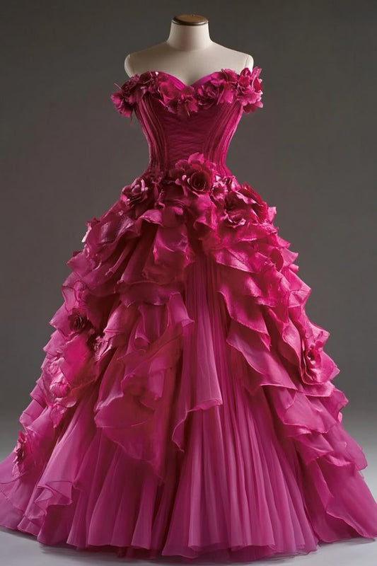 Gorgeous Ball Gown Long Prom Dresses Tulle Fuchsia Quinceanera Dresses Sleeveless Sweet 16 Dresses DP04370