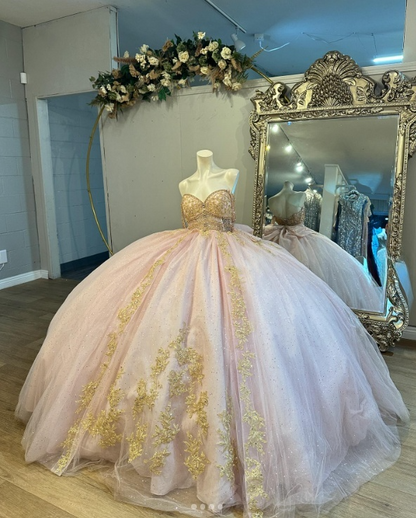 Gorgeous Off-shoulder Ball Gown Long Prom Dresses Tulle Appliques Pink Quinceanera Dresses Sleeveless Sweet 16 Dress DP04375