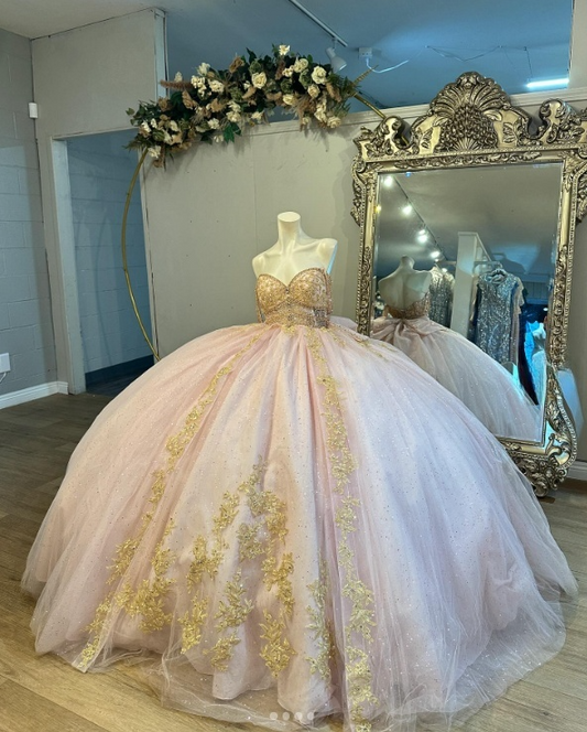 Gorgeous Off-shoulder Ball Gown Long Prom Dresses Tulle Appliques Pink Quinceanera Dresses Sleeveless Sweet 16 Dress DP04375