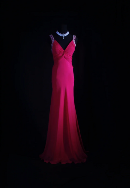 Fuchsia Sheath Long Prom Dresses Chic Chiffon V-neck Evening Dresses Sleeveless Formal Dresses DP04398