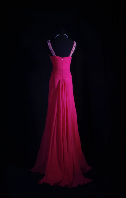 Fuchsia Sheath Long Prom Dresses Chic Chiffon V-neck Evening Dresses Sleeveless Formal Dresses DP04398