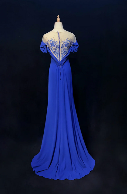 Glam Blue Sheath Long Evening Dresses Chiffon Short Sleeves Mother of Bride Dresses DP04402