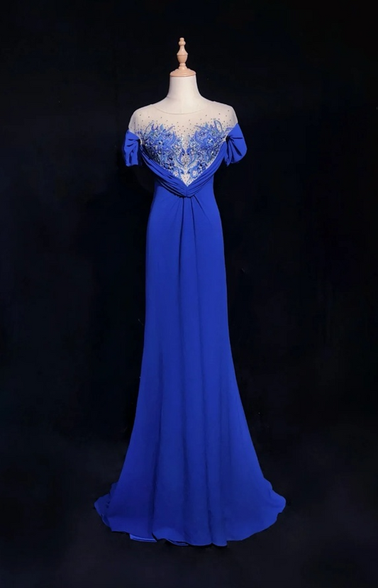 Glam Blue Sheath Long Evening Dresses Chiffon Short Sleeves Mother of Bride Dresses DP04402