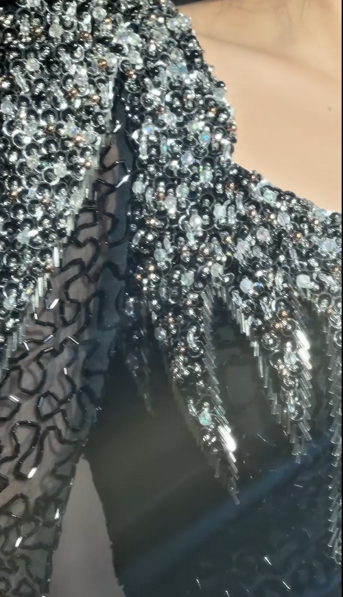 Glam Black Sheath Long Evening Dresses Velvet Beaded Long Sleeves Wedding Guest Dresses with Open Back DP04405