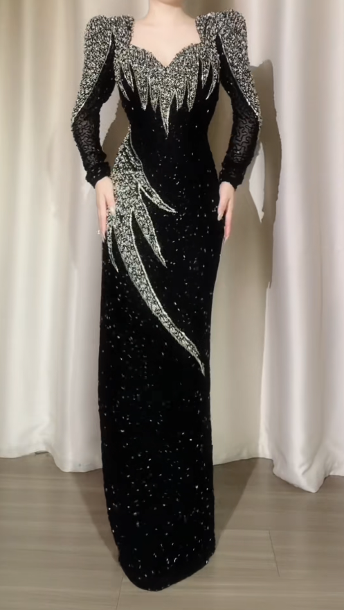 Glam Black Sheath Long Evening Dresses Velvet Beaded Long Sleeves Wedding Guest Dresses with Open Back DP04405