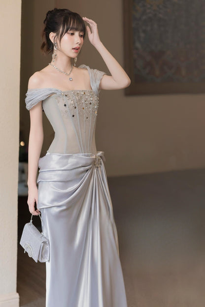 Elegant Light Gray Sheath Long Prom Dresses Satin Off-shoulder Evening Dresses Sleeveless Formal Dresses DP04410