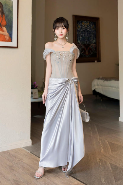 Elegant Light Gray Sheath Long Prom Dresses Satin Off-shoulder Evening Dresses Sleeveless Formal Dresses DP04410
