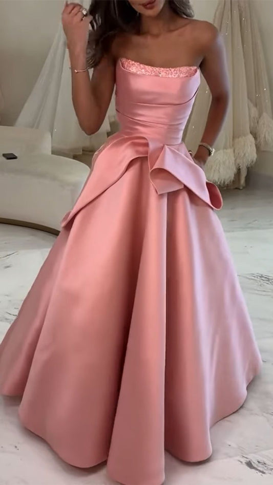 Chic Strapless Birthday Dresses A-Line Peach Long Prom Dresses Satin Sleevless Bridesmaid Dresses DP04422