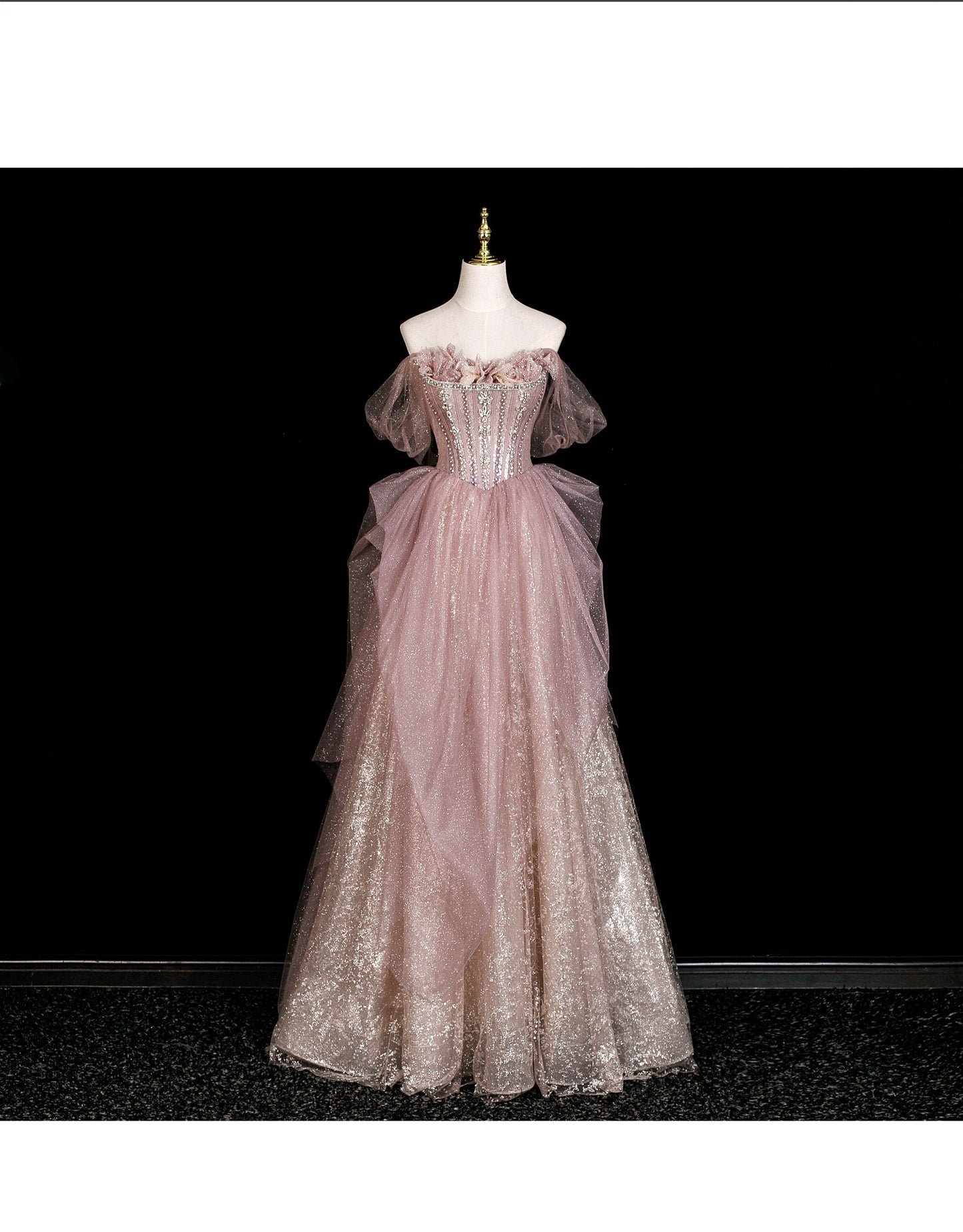 Gorgeous Off-shoulder Birthday Dresses A-Line Pink Long Prom Dresses Rhinstones Tulle Sleevless Evening Dresses DP04424