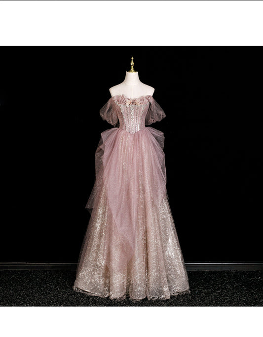 Gorgeous Off-shoulder Birthday Dresses A-Line Pink Long Prom Dresses Rhinstones Tulle Sleevless Evening Dresses DP04424