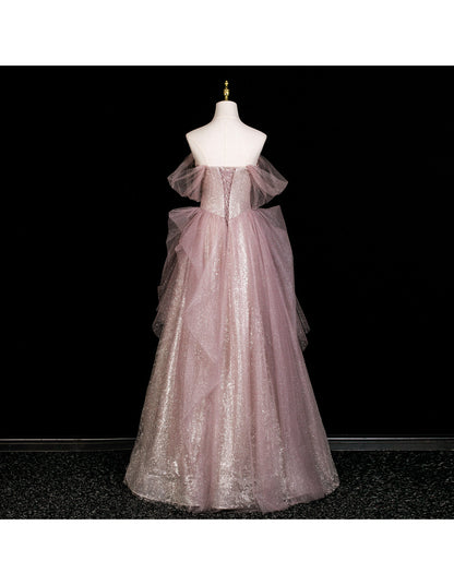 Gorgeous Off-shoulder Birthday Dresses A-Line Pink Long Prom Dresses Rhinstones Tulle Sleevless Evening Dresses DP04424