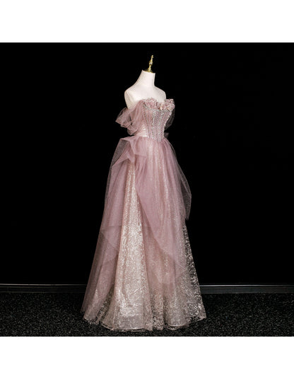 Gorgeous Off-shoulder Birthday Dresses A-Line Pink Long Prom Dresses Rhinstones Tulle Sleevless Evening Dresses DP04424