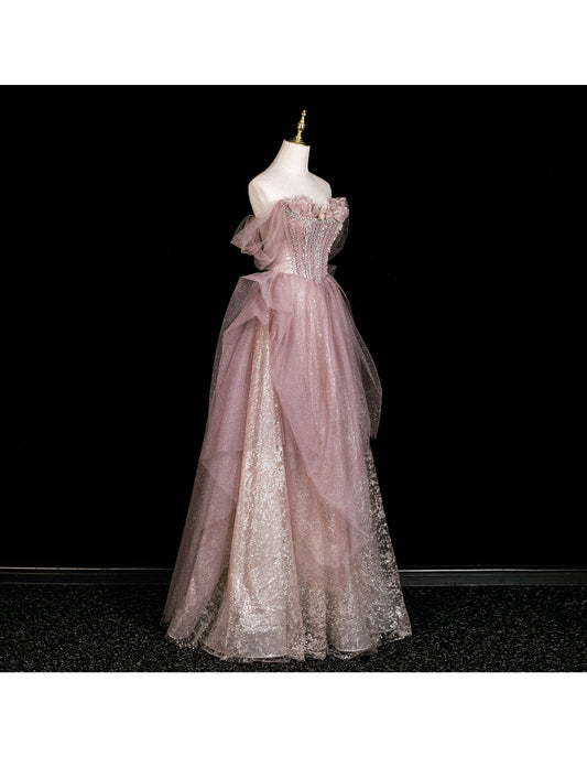Gorgeous Off-shoulder Birthday Dresses A-Line Pink Long Prom Dresses Rhinstones Tulle Sleevless Evening Dresses DP04424